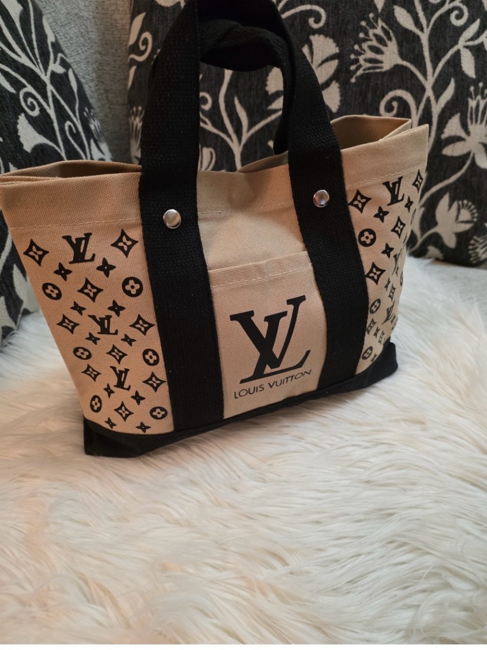 Hand Made Tote  Beige and Black Canvas Small Tote Bag NWOT